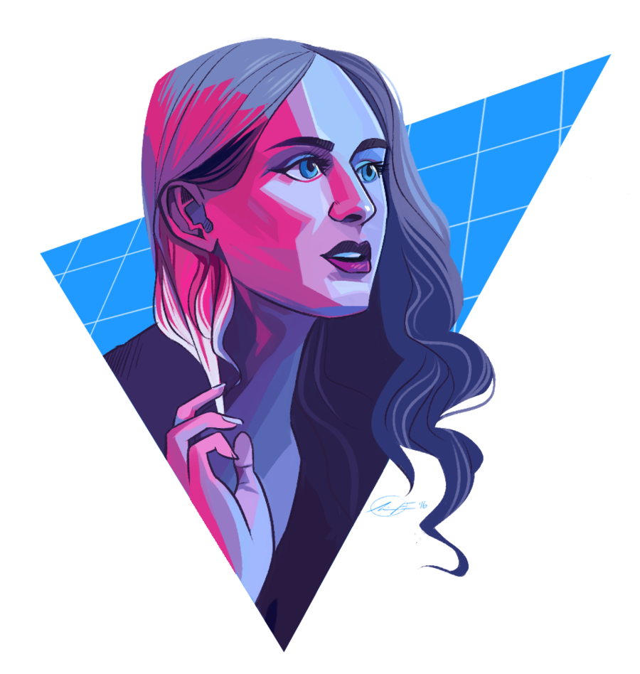 80s retro style clipart of woman emerging from triangle